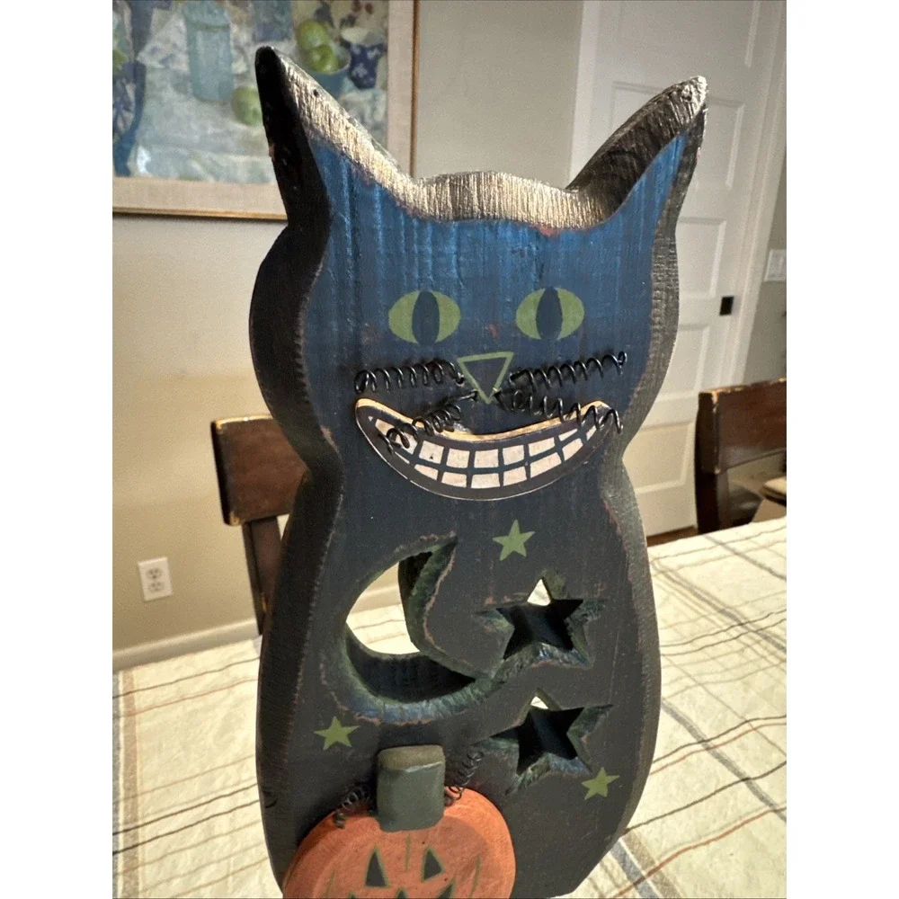 Wooden Black Cat Halloween Figurine Rustic Folk Art Anthropomophic Kitty Smiling